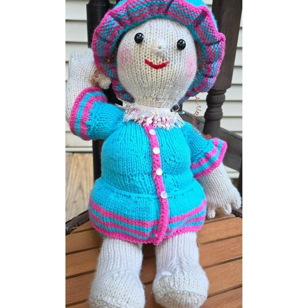 Vintage Handmade Knitted Girl Doll in Turquoise & Pink Outfit — 22"